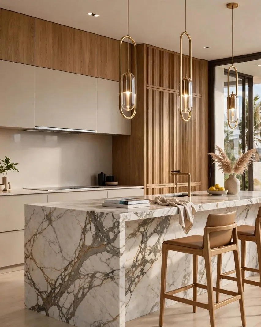 Cozinha residencial de alto padrão com ilha em mármore, banquetas de madeira e pendentes sobre a bancada.