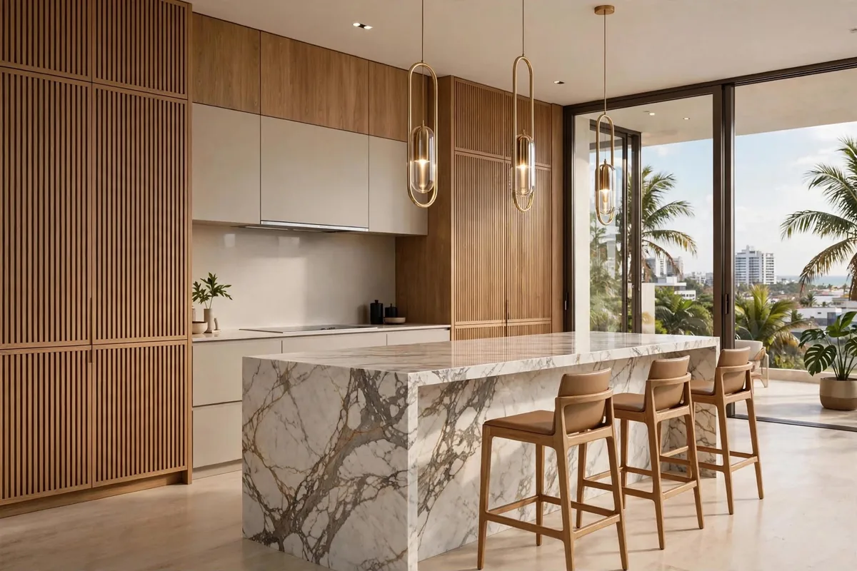 Cozinha residencial com ilha em mármore, marcenaria ripada de madeira e pendentes, com vista para a cidade.