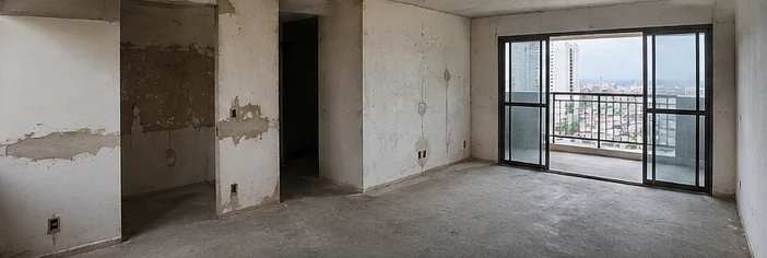 Antes da reforma: o apartamento em estrutura bruta, paredes de concreto e piso sem acabamento, com a sacada e a vista da cidade à direita.