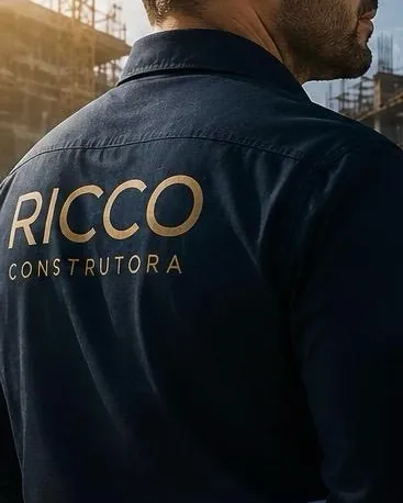 Profissional da RICCO Construtora de uniforme e capacete, com o projeto sob o braço, em visita a canteiro.